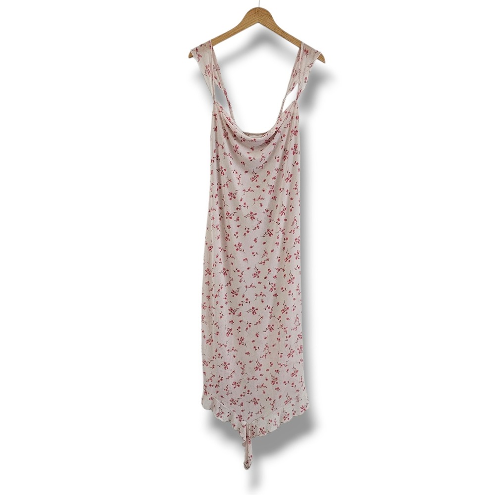 Y2K Mesh Midi Dress L Pink Floral Cowl Neck Ruffle Handkerchief Coquette Fairy